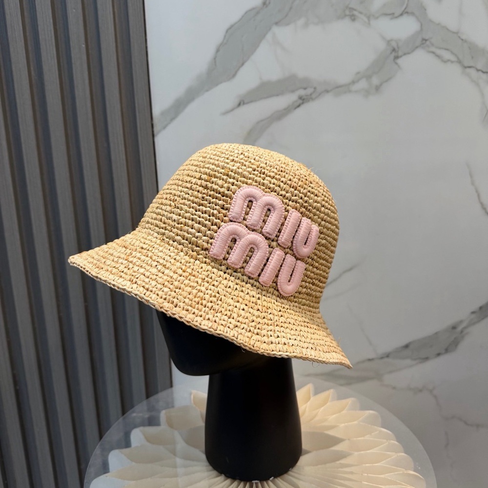 Miu Miu Beige Straw Bucket Hat with Pink Logo Patch